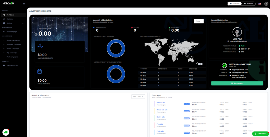 dashboard main page