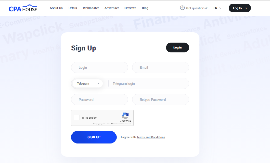 sign up page at cpa.house affiliate network