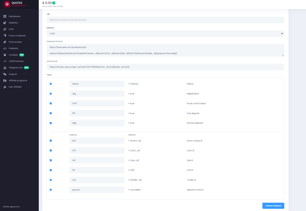 postback settings section