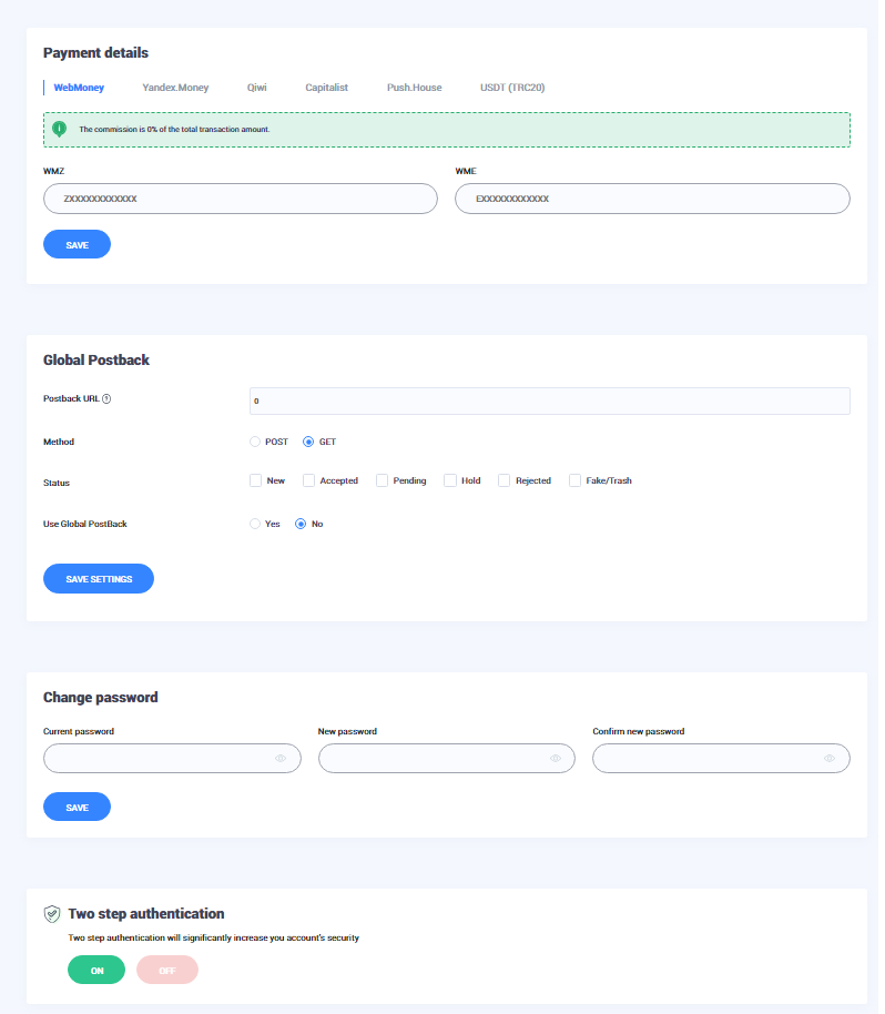 profile settings page