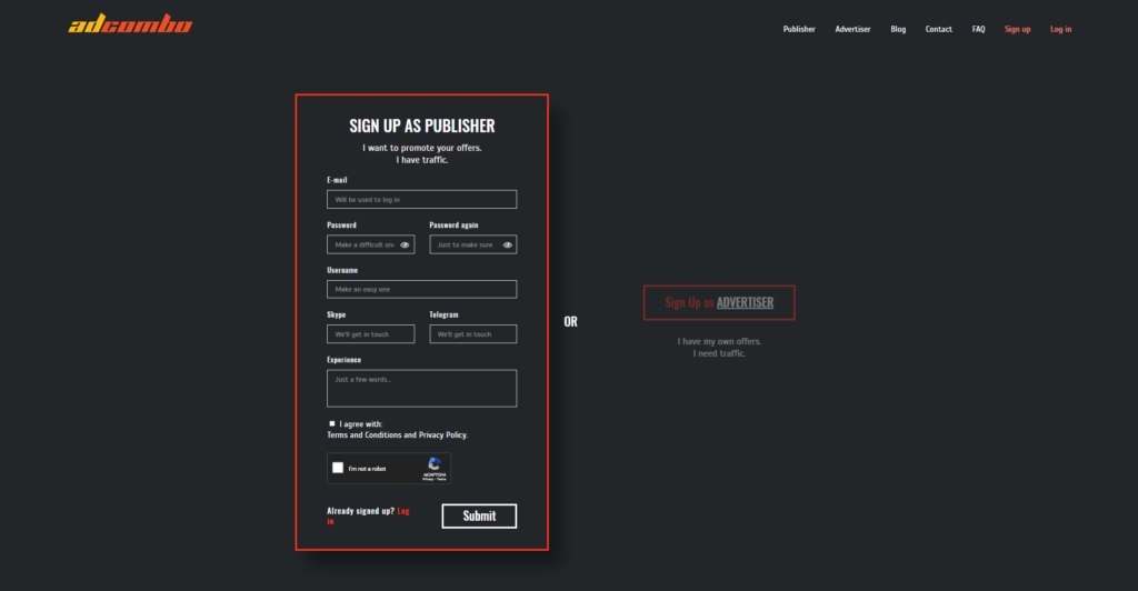 registration window at adcombo