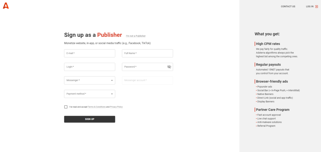 a page where you can sign up as a publisher