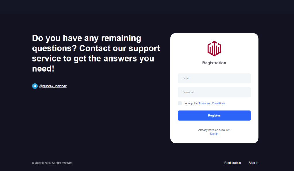 registration window in quotex