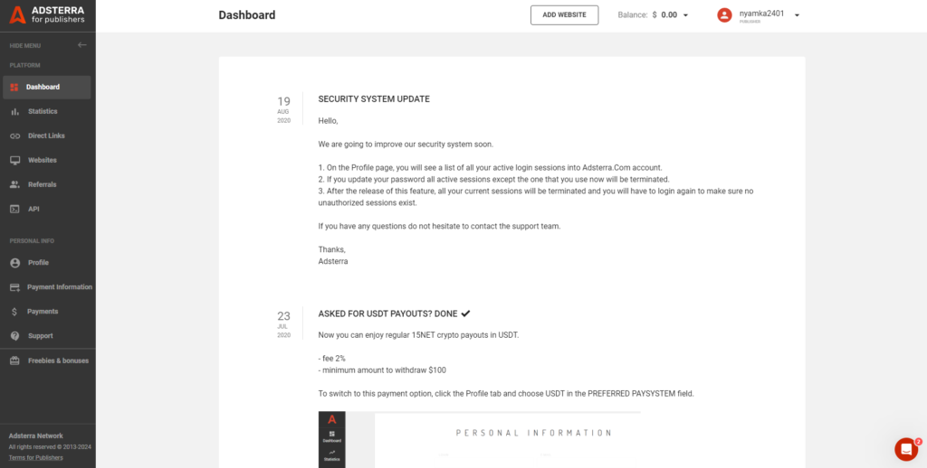 dashboard at adsterra