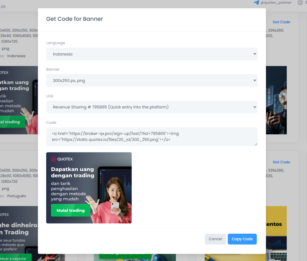 get code for a banner window in quotex affiliate center
