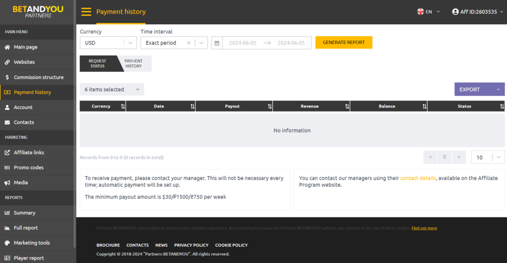 payment history section of the dashboard