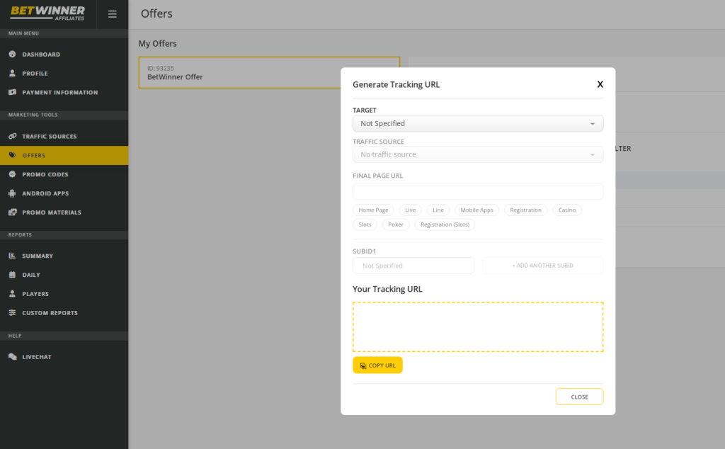 a window where you can generate a tracking URL for your offer