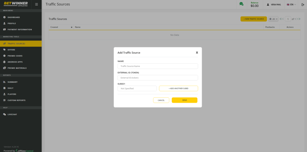 traffic sources tab of the marketing tools section