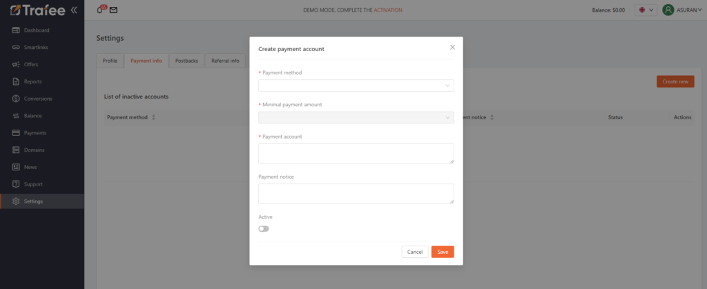 payment account creation page